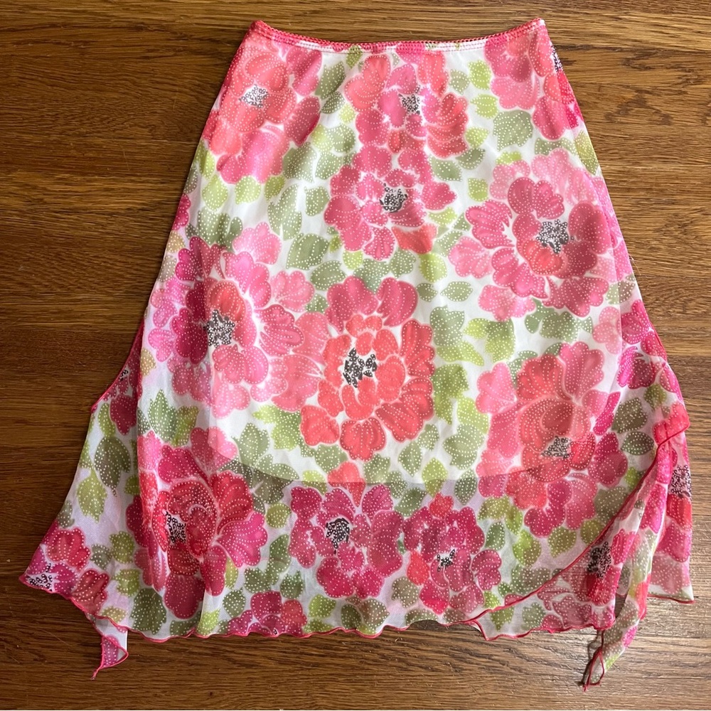 SOLD Y2k handkerchief skirt S chiffon pink green floral coquette
